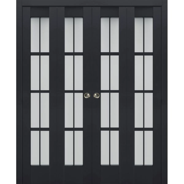 Sliding Closet Double Bi-fold Doors | Veregio 7412 Antracite with Frosted Glass | Sturdy Tracks Moldings Trims Hardware Set | Wood Solid Bedroom Wardrobe Doors 