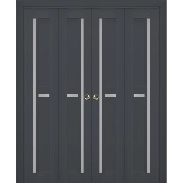 Sliding Closet Double Bi-fold Doors | Veregio 7288 Antracite with Frosted Glass | Sturdy Tracks Moldings Trims Hardware Set | Wood Solid Bedroom Wardrobe Doors 