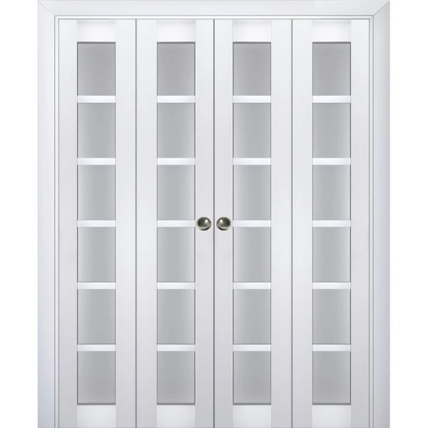 Sliding Closet Double Bi-fold Doors | Veregio 7602 White Silk with Frosted Glass | Sturdy Tracks Moldings Trims Hardware Set | Wood Solid Bedroom Wardrobe Doors 