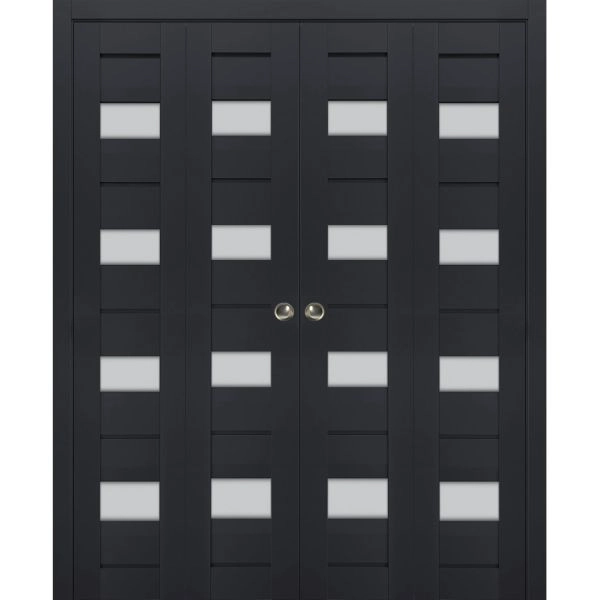 Sliding Closet Double Bi-fold Doors | Veregio 7455 Antracite with Frosted Glass | Sturdy Tracks Moldings Trims Hardware Set | Wood Solid Bedroom Wardrobe Doors 
