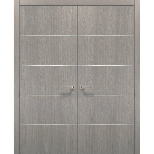 French Double Interior Doors with Hardware | Planum 0020 Grey Oak | Pre-hung Panel Frame Trims | Bathroom Bedroom Interior Sturdy Door