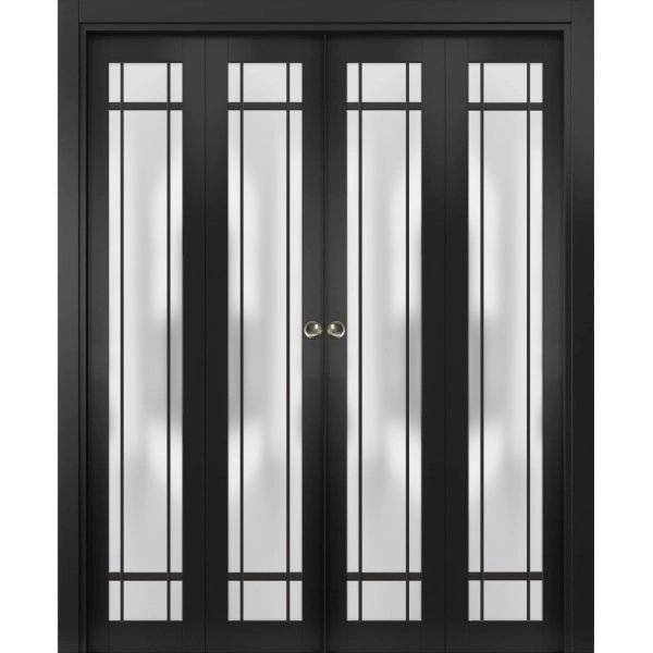 Sliding Closet Double Bi-fold Doors | Planum 2112 Matte Black with Frosted Glass and Aluminum Strips | Sturdy Tracks Moldings Trims Hardware Set | Wood Solid Bedroom Wardrobe Doors