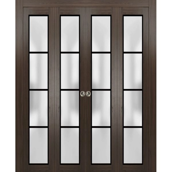 Sliding Closet Double Bi-fold Doors | Planum 2132 Chocolate Ash with Frosted Glass and Aluminum Strips | Sturdy Tracks Moldings Trims Hardware Set | Wood Solid Bedroom Wardrobe Doors