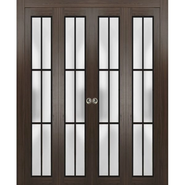 Sliding Closet Double Bi-fold Doors | Planum 2122 Chocolate Ash with Frosted Glass and Aluminum Strips | Sturdy Tracks Moldings Trims Hardware Set | Wood Solid Bedroom Wardrobe Doors