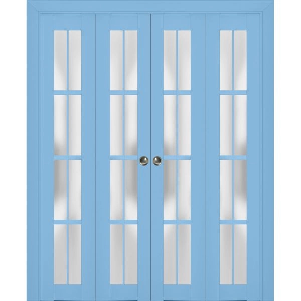 Sliding Closet Double Bi-fold Doors | Veregio 7412 Aquamarine with Frosted Glass | Sturdy Tracks Moldings Trims Hardware Set | Wood Solid Bedroom Wardrobe Doors 