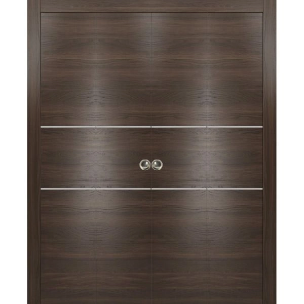 Sliding Closet Double Bi-fold Doors | Planum 0110 Chocolate Ash and Aluminum Strips | Sturdy Tracks Moldings Trims Hardware Set | Wood Solid Bedroom Wardrobe Doors