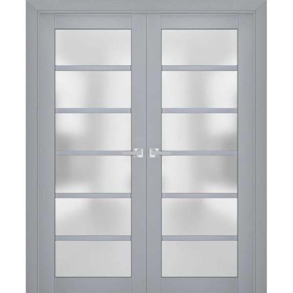 Interior Solid French Double Doors | Veregio 7602 Matte Grey with Frosted Glass | Wood Solid Panel Frame Trims | Closet Bedroom Sturdy Doors 
