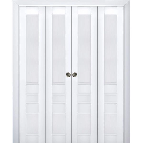 Sliding Closet Double Bi-fold Doors | Veregio 7411 White Silk | Sturdy Tracks Moldings Trims Hardware Set | Wood Solid Bedroom Wardrobe Doors 