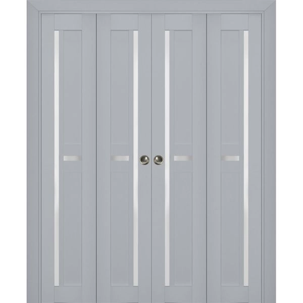 Sliding Closet Double Bi-fold Doors | Veregio 7288 Matte Grey with Frosted Glass | Sturdy Tracks Moldings Trims Hardware Set | Wood Solid Bedroom Wardrobe Doors 