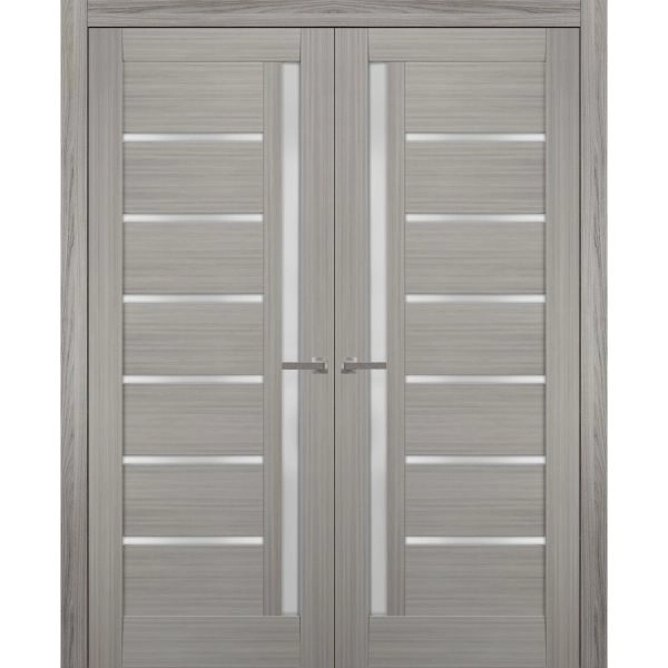 Solid French Double Doors | Quadro 4088 Ginger Ash with Frosted Glass | Wood Solid Panel Frame Trims | Closet Bedroom Sturdy Doors 