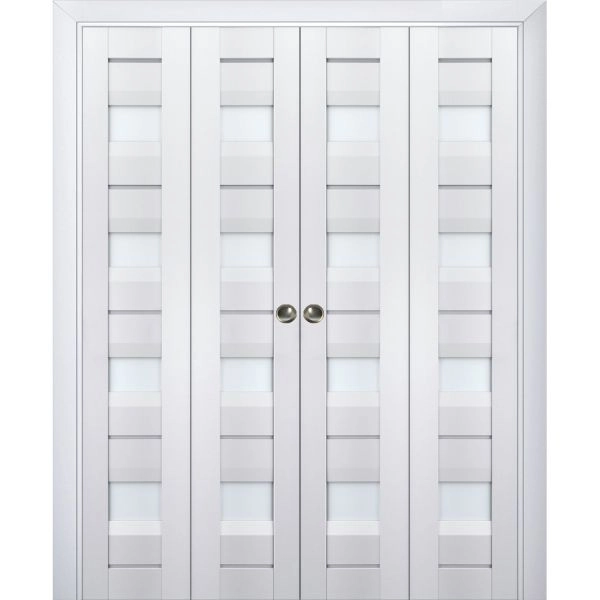 Sliding Closet Double Bi-fold Doors | Veregio 7455 White Silk with Frosted Glass | Sturdy Tracks Moldings Trims Hardware Set | Wood Solid Bedroom Wardrobe Doors 