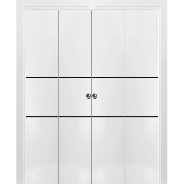 Sliding Closet Double Bi-fold Doors | Planum 0014 White Silk and Aluminum Strips | Sturdy Tracks Moldings Trims Hardware Set | Wood Solid Bedroom Wardrobe Doors