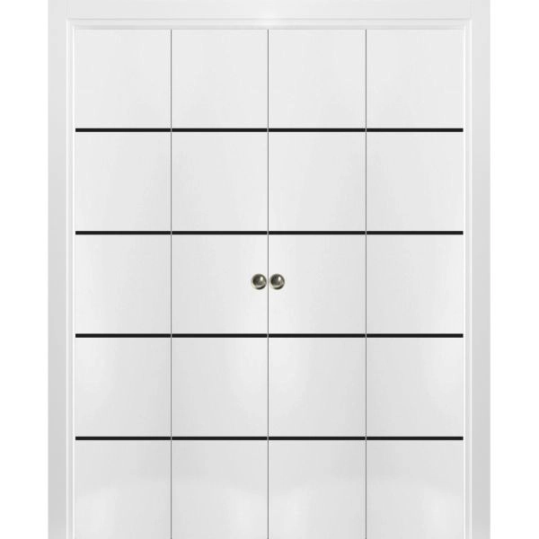 Sliding Closet Double Bi-fold Doors | Planum 0015 White Silk and Aluminum Strips | Sturdy Tracks Moldings Trims Hardware Set | Wood Solid Bedroom Wardrobe Doors