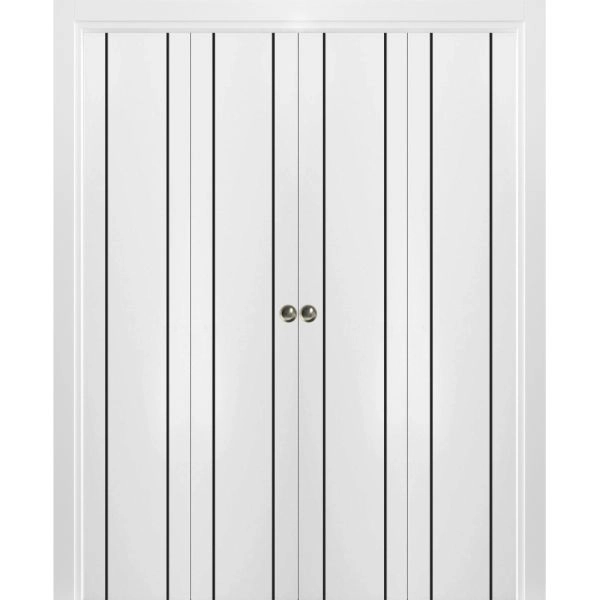 Sliding Closet Double Bi-fold Doors | Planum 0017 White Silk and Aluminum Strips | Sturdy Tracks Moldings Trims Hardware Set | Wood Solid Bedroom Wardrobe Doors
