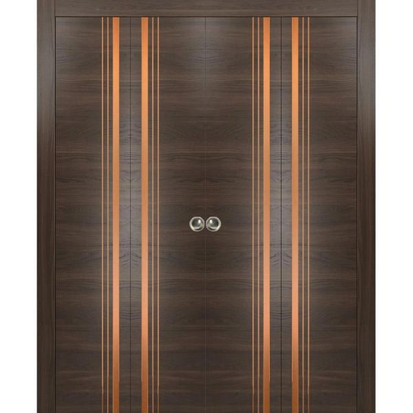 Sliding Closet Double Bi-fold Doors | Planum 1010 Chocolate Ash and Aluminum Strips | Sturdy Tracks Moldings Trims Hardware Set | Wood Solid Bedroom Wardrobe Doors