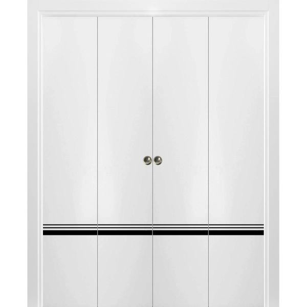 Sliding Closet Double Bi-fold Doors | Planum 0012 White Silk and Aluminum Strips | Sturdy Tracks Moldings Trims Hardware Set | Wood Solid Bedroom Wardrobe Doors