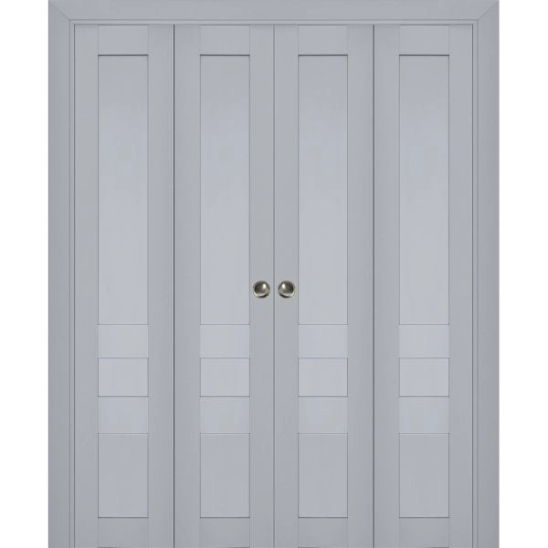 Sliding Closet Double Bi-fold Doors | Veregio 7411 Matte Grey | Sturdy Tracks Moldings Trims Hardware Set | Wood Solid Bedroom Wardrobe Doors 
