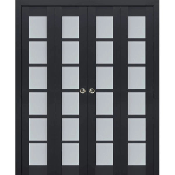 Sliding Closet Double Bi-fold Doors | Veregio 7602 Antracite with Frosted Glass | Sturdy Tracks Moldings Trims Hardware Set | Wood Solid Bedroom Wardrobe Doors 