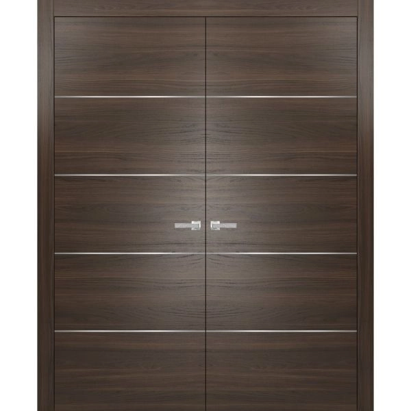 French Double Interior Doors with Hardware | Planum 0020 Chocolate Ash | Pre-hung Panel Frame Trims | Bathroom Bedroom Interior Sturdy Door