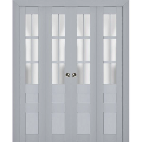 Sliding Closet Double Bi-fold Doors | Veregio 7339 Matte Grey with Frosted Glass | Sturdy Tracks Moldings Trims Hardware Set | Wood Solid Bedroom Wardrobe Doors 