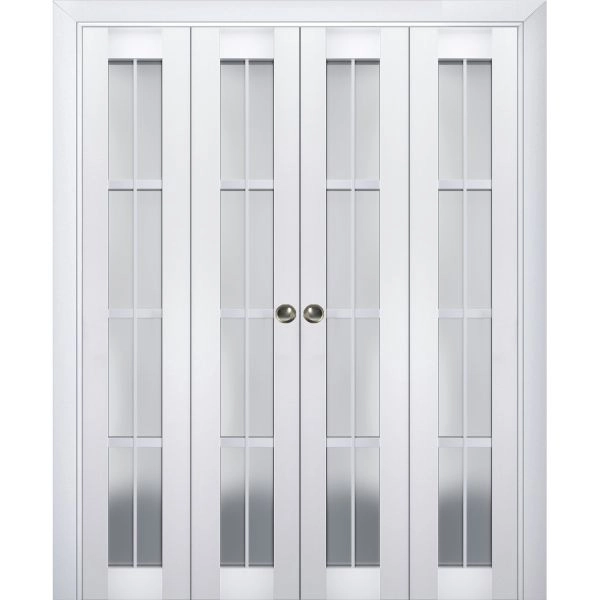 Sliding Closet Double Bi-fold Doors | Veregio 7412 White Silk with Frosted Glass | Sturdy Tracks Moldings Trims Hardware Set | Wood Solid Bedroom Wardrobe Doors 