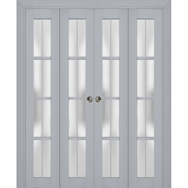 Sliding Closet Double Bi-fold Doors | Veregio 7412 Matte Grey with Frosted Glass | Sturdy Tracks Moldings Trims Hardware Set | Wood Solid Bedroom Wardrobe Doors 