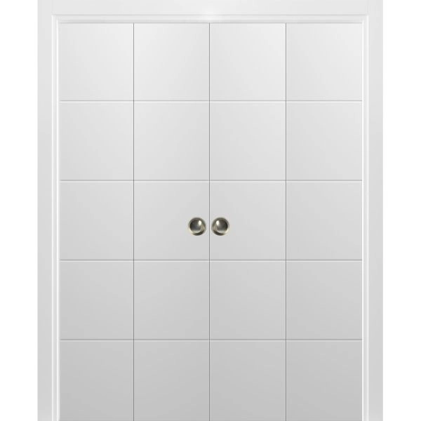 Sliding Closet Double Bi-fold Doors | Planum 0770 Painted White Matte | Sturdy Tracks Moldings Trims Hardware Set | Wood Solid Bedroom Wardrobe Doors 