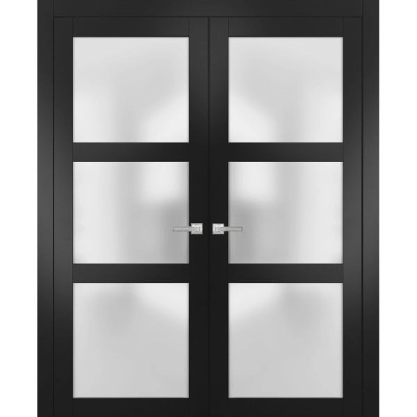 Solid French Double Doors | Lucia 2552 Matte Black with Frosted Glass | Wood Solid Panel Frame Trims | Closet Bedroom Sturdy Doors 