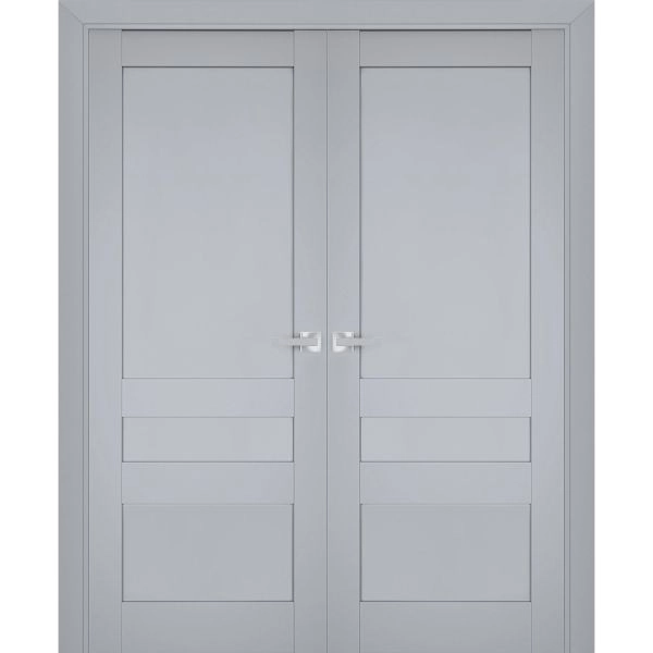Interior Solid French Double Doors | Veregio 7411 Matte Grey | Wood Solid Panel Frame Trims | Closet Bedroom Sturdy Doors