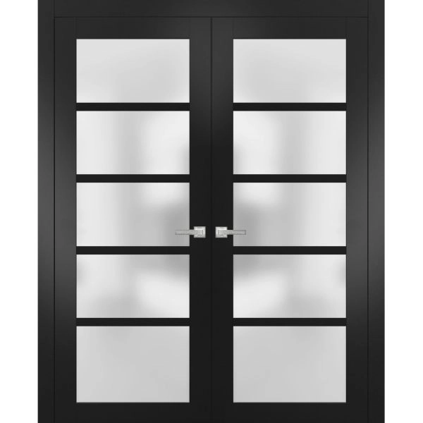 Solid French Double Doors | Quadro 4002 Matte Black with Frosted Glass | Wood Solid Panel Frame Trims | Closet Bedroom Sturdy Doors 