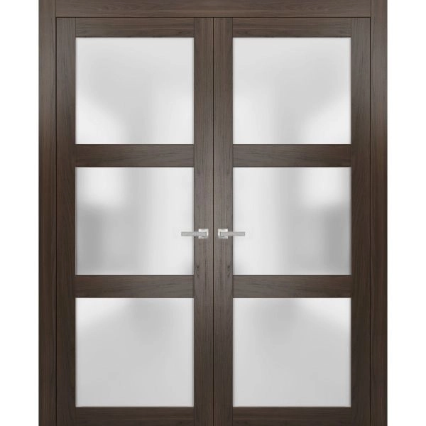 Solid French Double Doors | Lucia 2552 Chocolate Ash with Frosted Glass | Wood Solid Panel Frame Trims | Closet Bedroom Sturdy Doors 