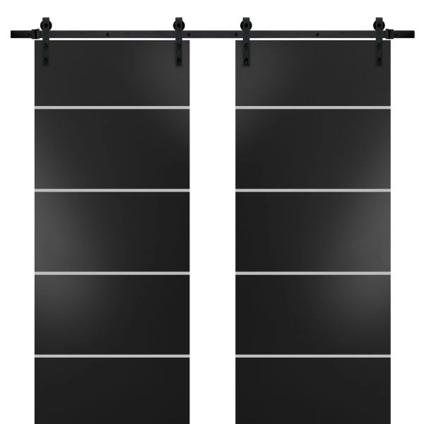 Sturdy Double Barn Door with Hardware | Planum 0210 Matte Black and Aluminum Strips | 13FT Rail Hangers Heavy Set | Modern Solid Panel Interior Doors