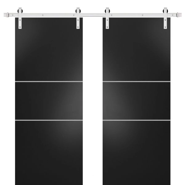 Sturdy Double Barn Door with Hardware | Planum 0110 Matte Black and Aluminum Strips | Silver 13FT Rail Hangers Heavy Set | Modern Solid Panel Interior Doors
