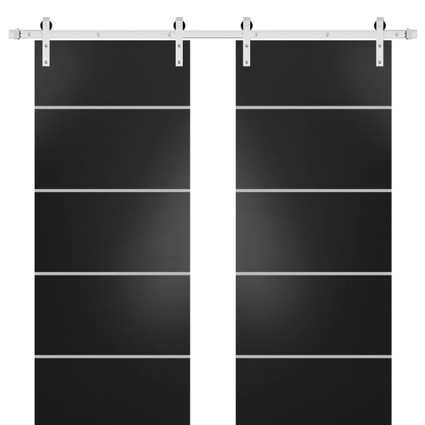 Sturdy Double Barn Door with Hardware | Planum 0210 Matte Black and Aluminum Strips | Silver 13FT Rail Hangers Heavy Set | Modern Solid Panel Interior Doors