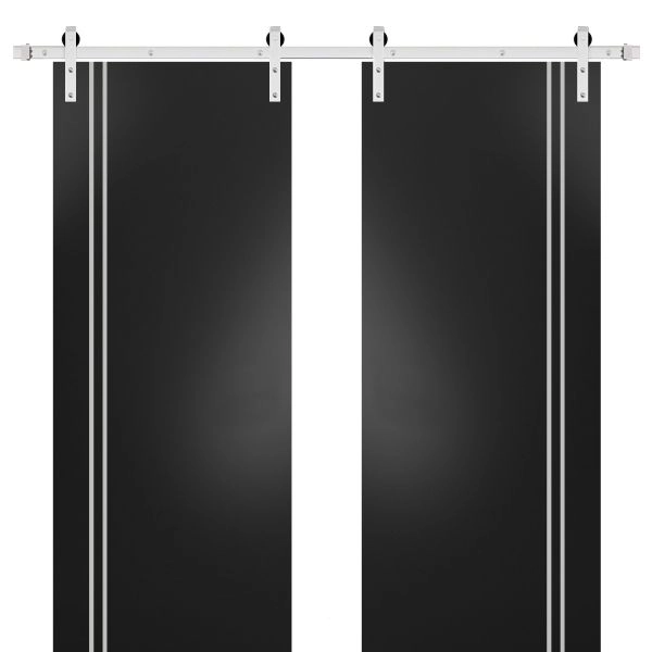 Sturdy Double Barn Door with Hardware | Planum 0310 Matte Black and Aluminum Strips | Silver 13FT Rail Hangers Heavy Set | Modern Solid Panel Interior Doors