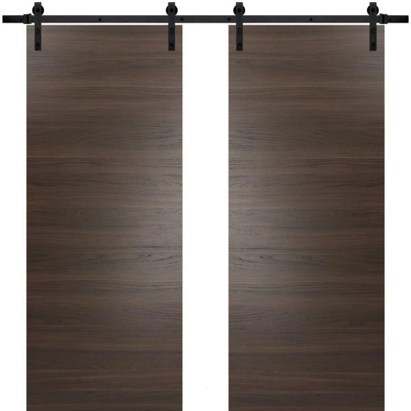 Planum 0010 Modern Interior Solid Wood Flush Closet Double Barn Doors Chocolate Ash with Track 13FT Rail Hardware Set