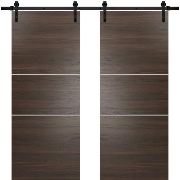 Sturdy Double Barn Door with Hardware | Planum 0110 Chocolate Ash and Aluminum Strips | 13FT Rail Hangers Heavy Set | Modern Solid Panel Interior Doors