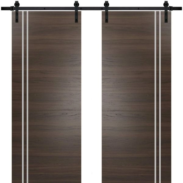 Sturdy Double Barn Door with Hardware | Planum 0310 Chocolate Ash and Aluminum Strips | 13FT Rail Hangers Heavy Set | Modern Solid Panel Interior Doors