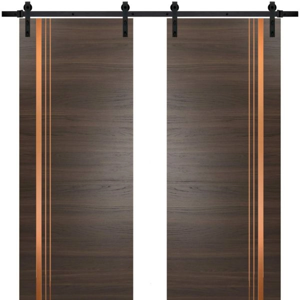 Sturdy Double Barn Door with Hardware | Planum 1010 Chocolate Ash and Aluminum Strips | 13FT Rail Hangers Heavy Set | Modern Solid Panel Interior Doors