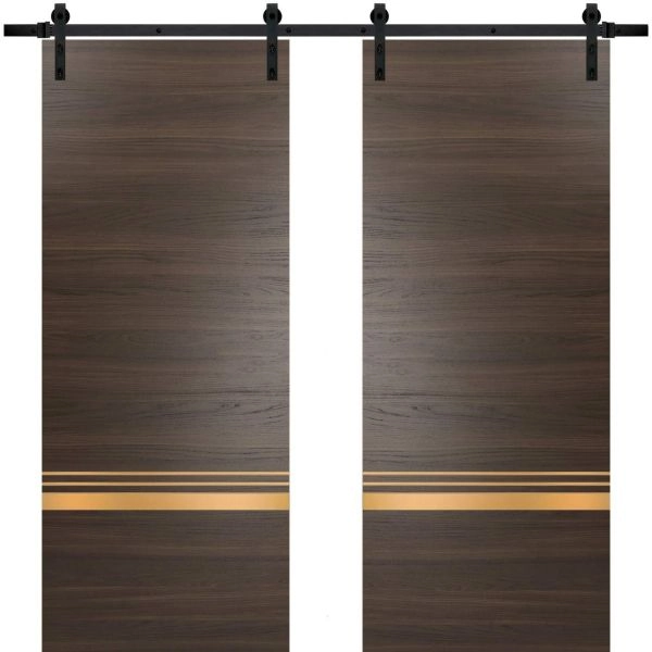 Sturdy Double Barn Door with Hardware | Planum 2010 Chocolate Ash and Aluminum Strips | 13FT Rail Hangers Heavy Set | Modern Solid Panel Interior Doors