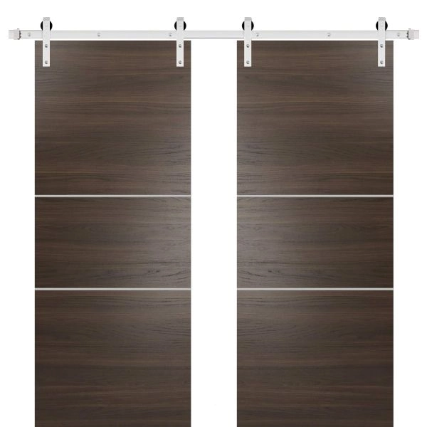 Sturdy Double Barn Door with Hardware | Planum 0110 Chocolate Ash and Aluminum Strips | Silver 13FT Rail Hangers Heavy Set | Modern Solid Panel Interior Doors