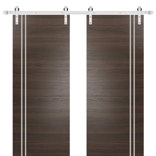 Sturdy Double Barn Door with Hardware | Planum 0310 Chocolate Ash and Aluminum Strips | Silver 13FT Rail Hangers Heavy Set | Modern Solid Panel Interior Doors