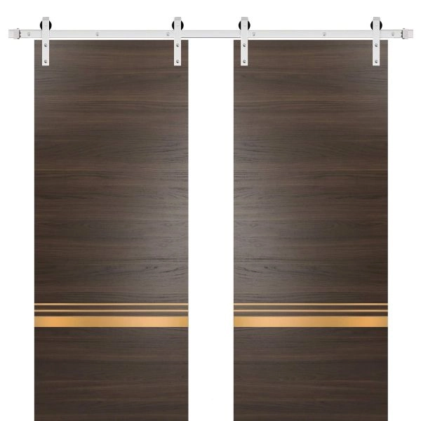 Sturdy Double Barn Door with Hardware | Planum 2010 Chocolate Ash and Aluminum Strips | Silver 13FT Rail Hangers Heavy Set | Modern Solid Panel Interior Doors