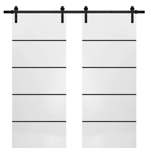 Sturdy Double Barn Door with Hardware | Planum 0015 White Silk and Aluminum Strips | 13FT Rail Hangers Heavy Set | Modern Solid Panel Interior Doors