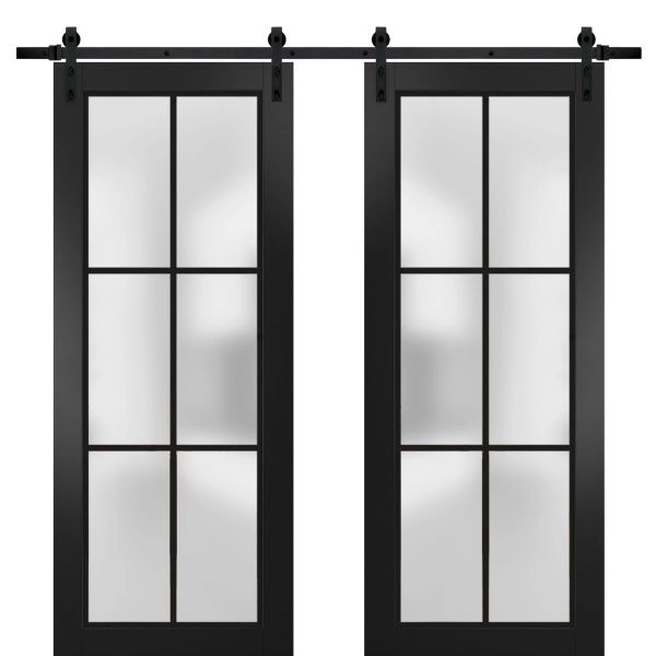 Sturdy Double Barn Door | Planum 2122 Matte Black with Frosted Glass and Aluminum Strips | 13FT Rail Hangers Heavy Set | Modern Solid Panel Interior Doors