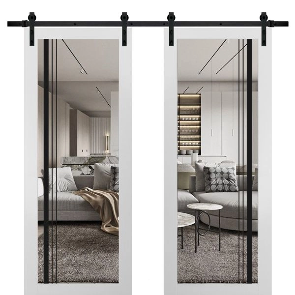 Sturdy Double Barn Door | Lucia 2566 White Silk with Clear Glass and Aluminum Strips | 13FT Rail Hangers Heavy Set | Solid Panel Interior Doors