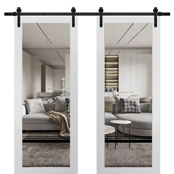 Sturdy Double Barn Door | Lucia 2666 White Silk with Clear Glass and Aluminum Strips | 13FT Rail Hangers Heavy Set | Solid Panel Interior Doors