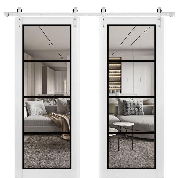 Sturdy Double Barn Door | Lucia 2466 White Silk with Clear Glass and Aluminum Strips | 13FT Rail Hangers Heavy Set | Solid Panel Interior Doors