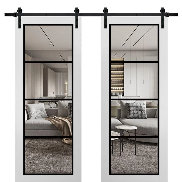 Sturdy Double Barn Door | Lucia 2466 White Silk with Clear Glass and Aluminum Strips | 13FT Rail Hangers Heavy Set | Solid Panel Interior Doors