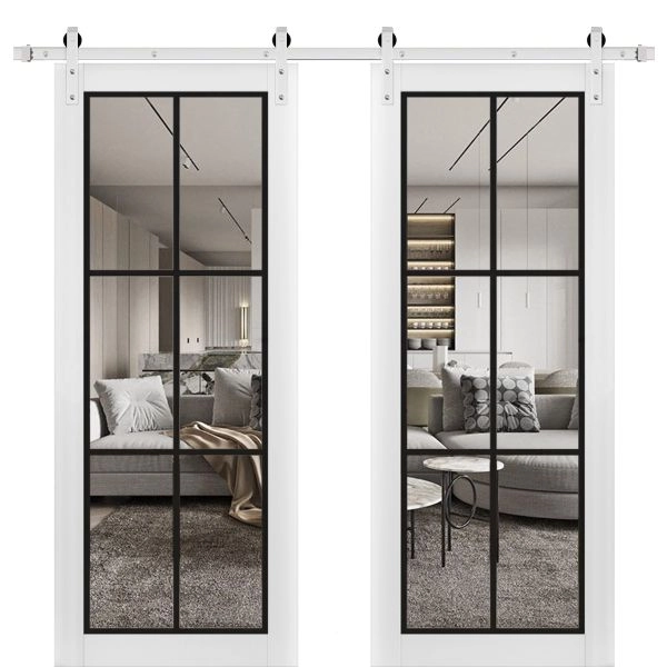 Sturdy Double Barn Door | Lucia 2366 White Silk with Clear Glass and Aluminum Strips | 13FT Rail Hangers Heavy Set | Solid Panel Interior Doors